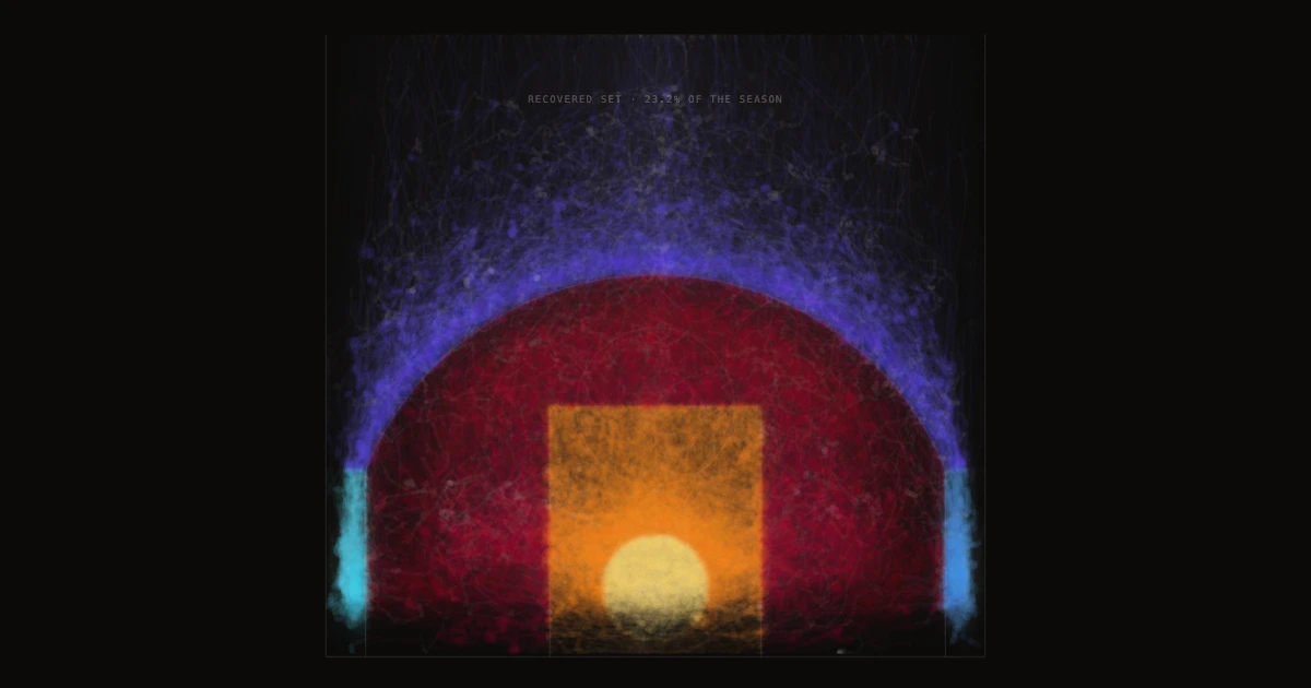 FADEAWAY during the tracking window: the recovered set of shots drawn on one halfcourt in the league's own zone colours, orange at the rim, red in the paint, blue beyond the arc, with the ball's real paths as faint strokes over black.
