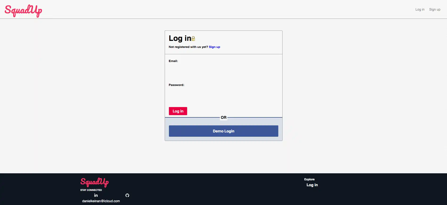 Squad Up dashboard listing user-created groups and upcoming events